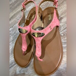 Michael Kors Coral Pink T-Strap Leather Sandals with Gold Plaque